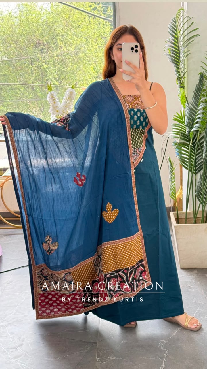 Premium Cotton Peacock Blue Colour Unstitched Suit With Beautiful Patch Work Dupatta