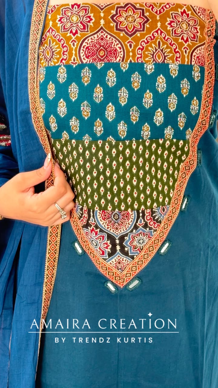 Premium Cotton Peacock Blue Colour Unstitched Suit With Beautiful Patch Work Dupatta