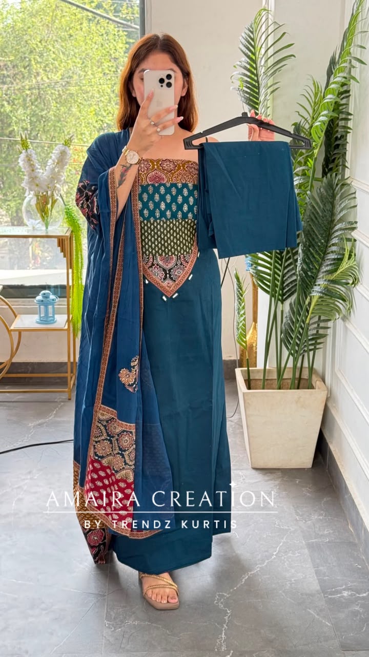 Premium Cotton Peacock Blue Colour Unstitched Suit With Beautiful Patch Work Dupatta