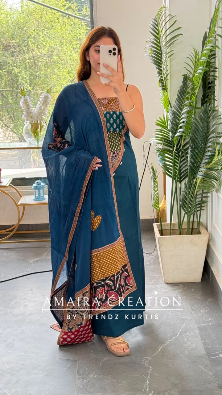 Premium Cotton Peacock Blue Colour Unstitched Suit With Beautiful Patch Work Dupatta