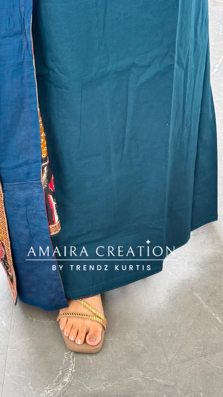 Premium Cotton Peacock Blue Colour Unstitched Suit With Beautiful Patch Work Dupatta