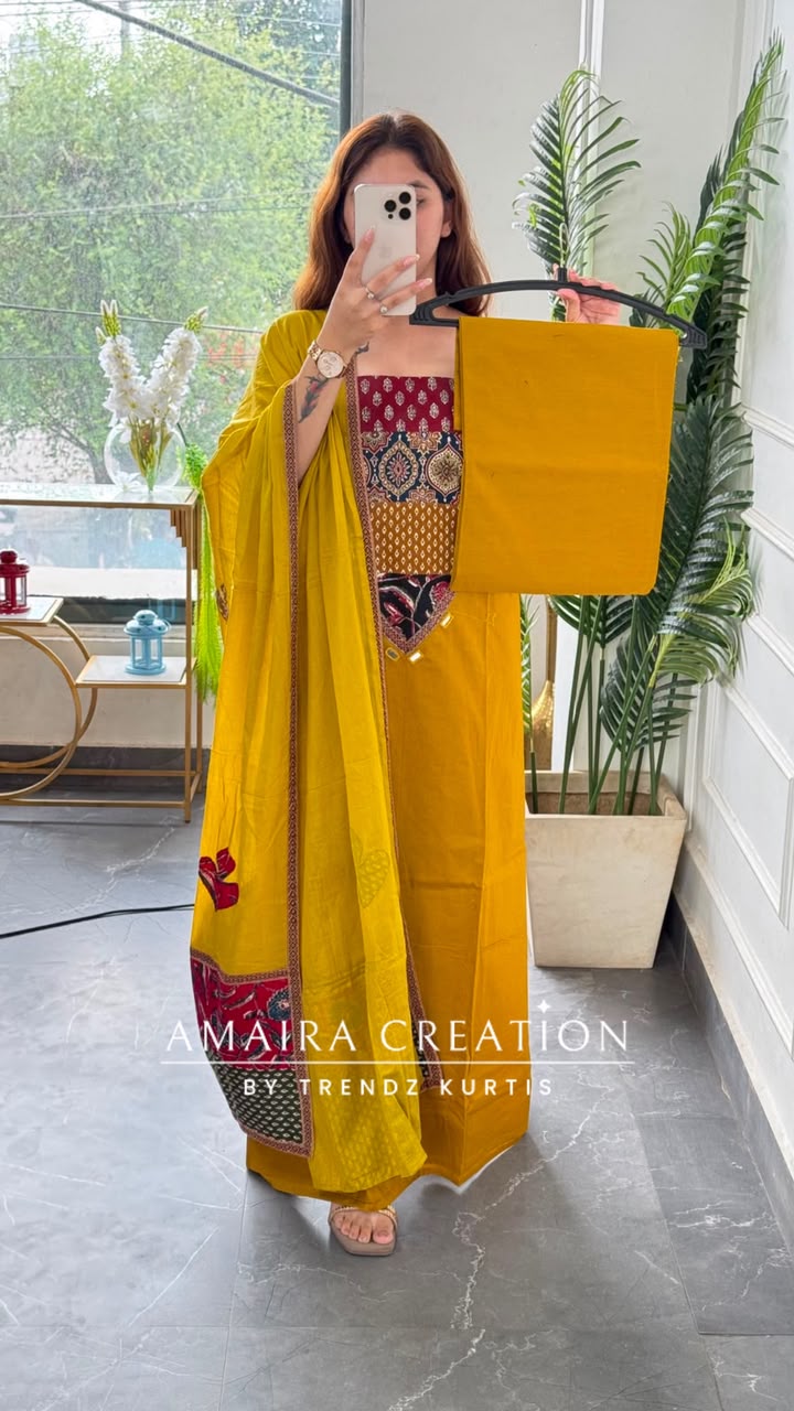Premium Cotton Mustard Colour Unstitched Suit With Beautiful Patch Work Dupatta
