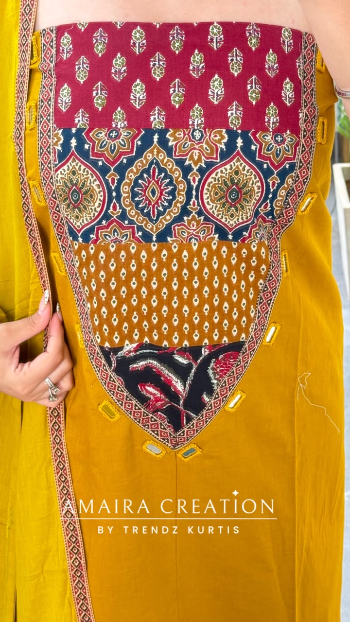 Premium Cotton Mustard Colour Unstitched Suit With Beautiful Patch Work Dupatta