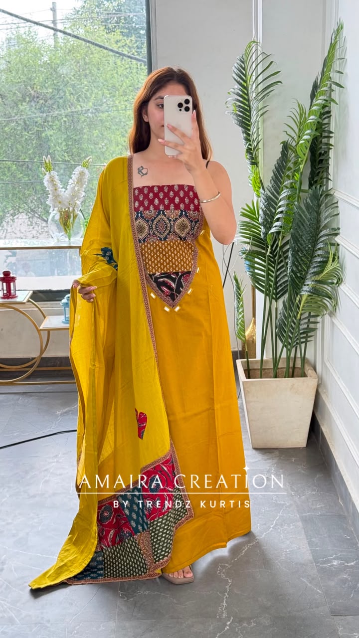Premium Cotton Mustard Colour Unstitched Suit With Beautiful Patch Work Dupatta