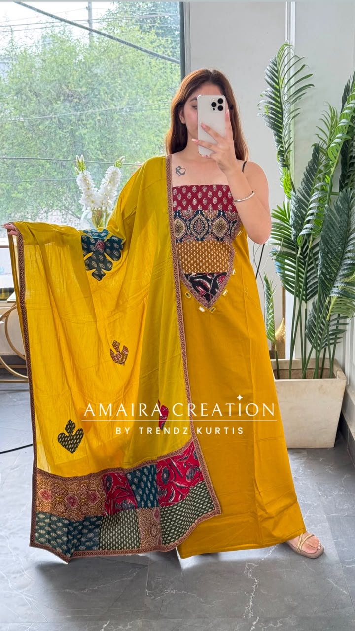 Premium Cotton Mustard Colour Unstitched Suit With Beautiful Patch Work Dupatta