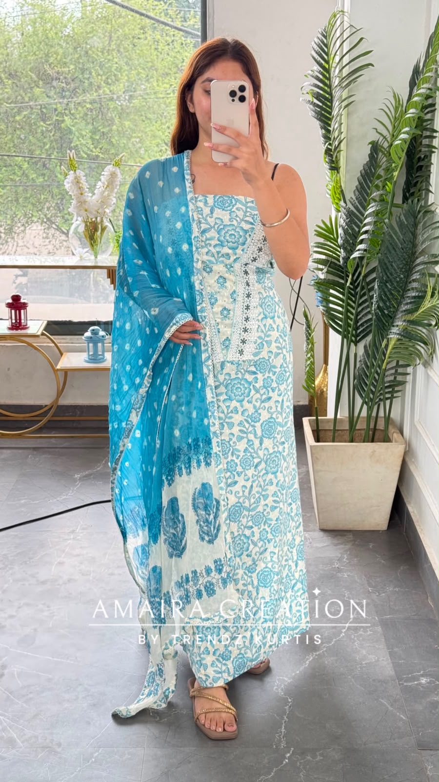 Premium Cotton Sky Blue Colour Unstitched Suit With Bandez Print Chiffon Dupatta