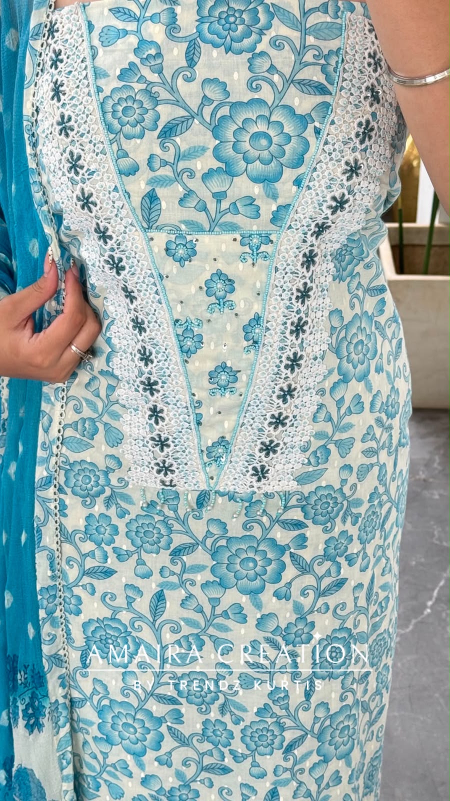 Premium Cotton Sky Blue Colour Unstitched Suit With Bandez Print Chiffon Dupatta