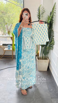 Premium Cotton Sky Blue Colour Unstitched Suit With Bandez Print Chiffon Dupatta