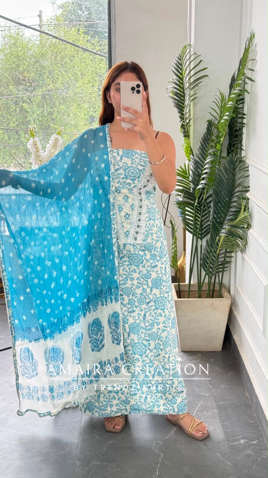 Premium Cotton Sky Blue Colour Unstitched Suit With Bandez Print Chiffon Dupatta