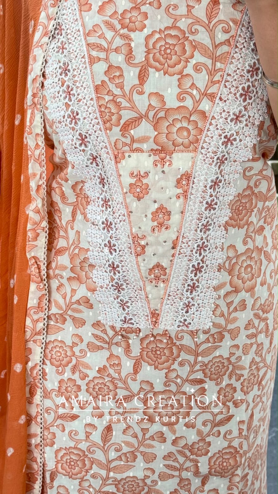 Premium Cotton Rust Colour Unstitched Suit With Bandez Print Chiffon Dupatta