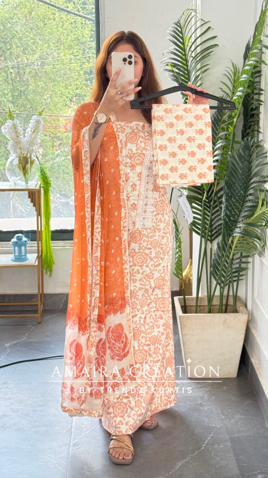 Premium Cotton Rust Colour Unstitched Suit With Bandez Print Chiffon Dupatta