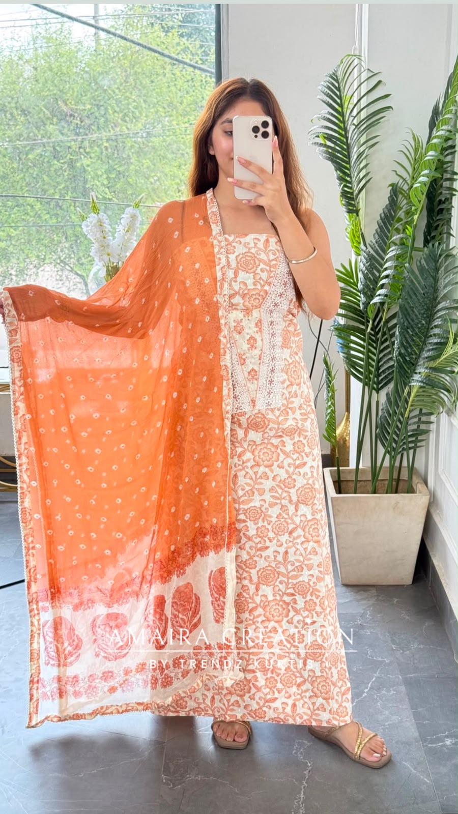 Premium Cotton Rust Colour Unstitched Suit With Bandez Print Chiffon Dupatta