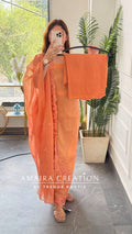 Premium Mul Chanderi Rust Colour Unstitched Suit Embroidery Dupatta