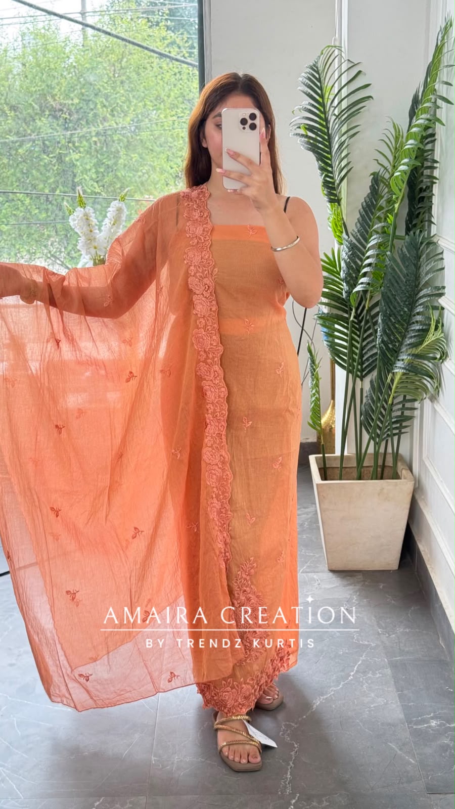Premium Mul Chanderi Rust Colour Unstitched Suit Embroidery Dupatta