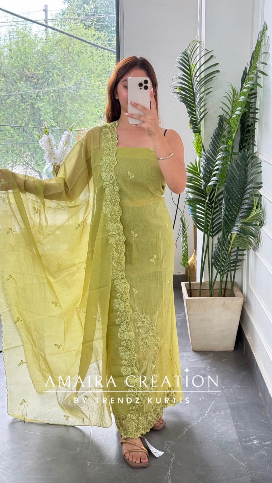 Premium Mul Chanderi Pista green Colour Unstitched Suit Embroidery Dupatta