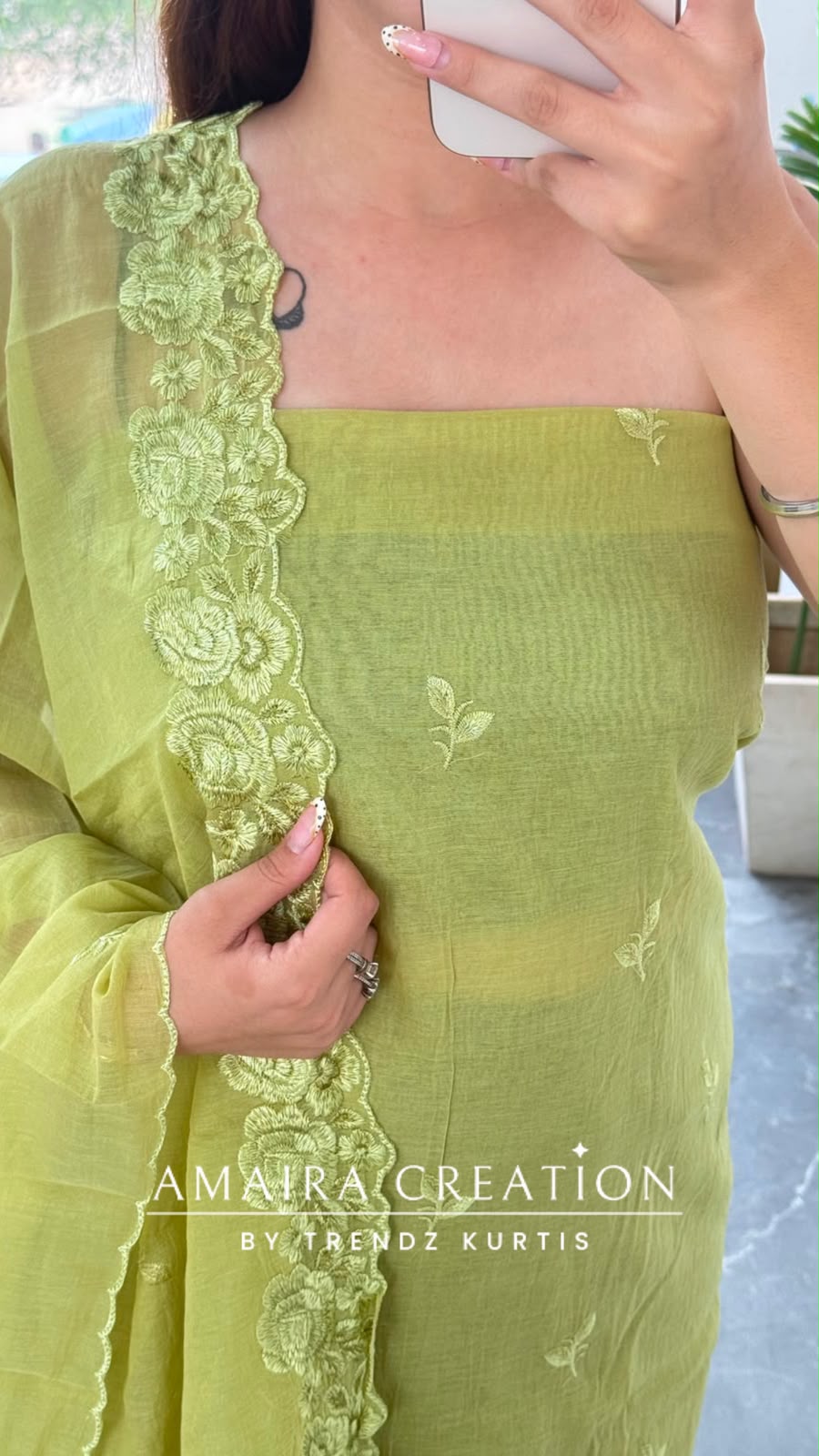 Premium Mul Chanderi Pista green Colour Unstitched Suit Embroidery Dupatta