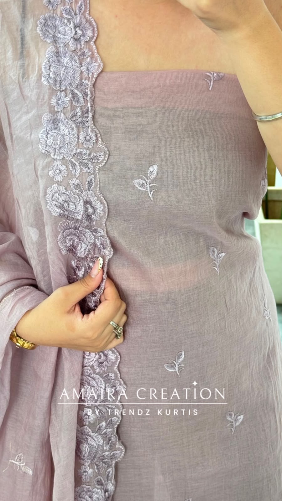 Premium Mul Chanderi Mauve Colour Unstitched Suit Embroidery Dupatta