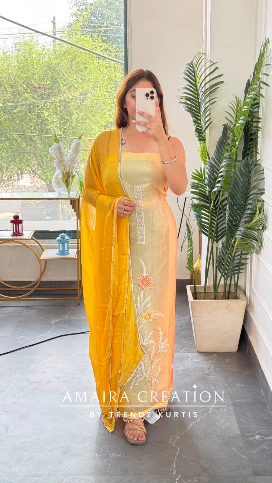 Premium Fendi Fabirc Tye Due Pattern Yellow Orange Colour Unstitched Suit With Chiffon Dupatta