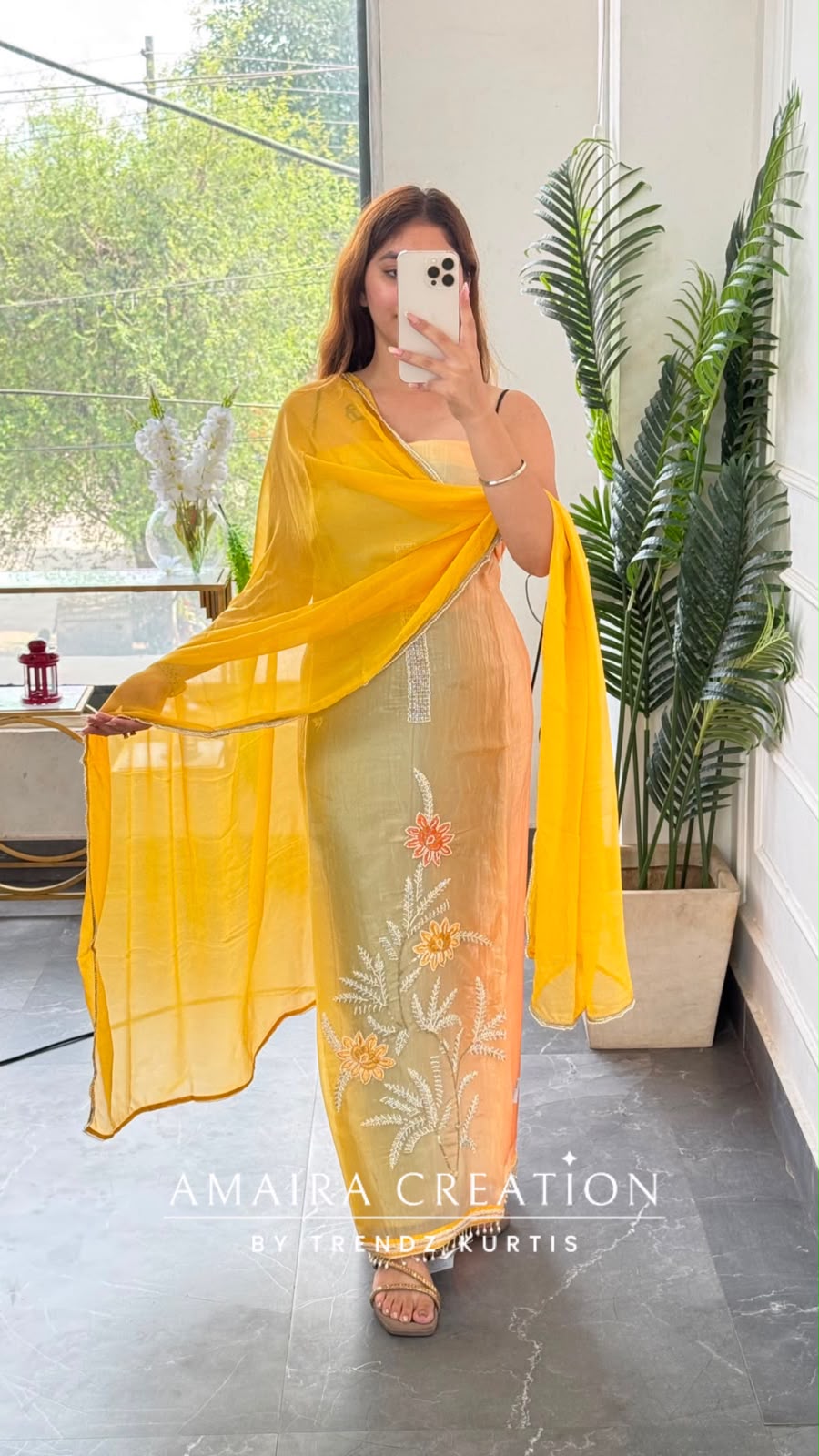 Premium Fendi Fabirc Tye Due Pattern Yellow Orange Colour Unstitched Suit With Chiffon Dupatta