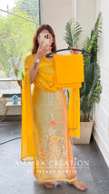 Premium Fendi Fabirc Tye Due Pattern Yellow Orange Colour Unstitched Suit With Chiffon Dupatta