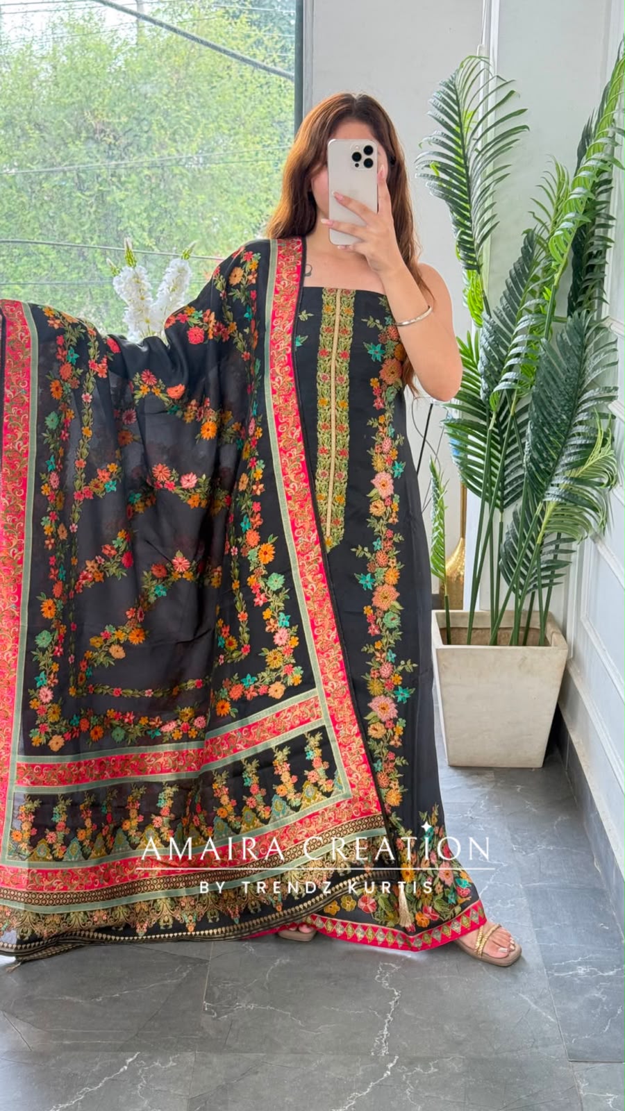 Premium Banarasi Silk Black Floral Embroidered Unstitched Suit