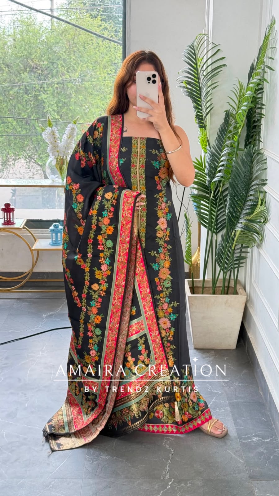 Premium Banarasi Silk Black Floral Embroidered Unstitched Suit