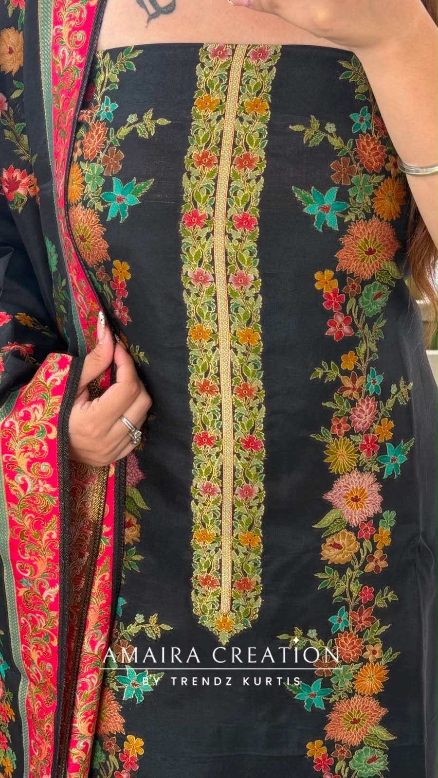 Premium Banarasi Silk Black Floral Embroidered Unstitched Suit