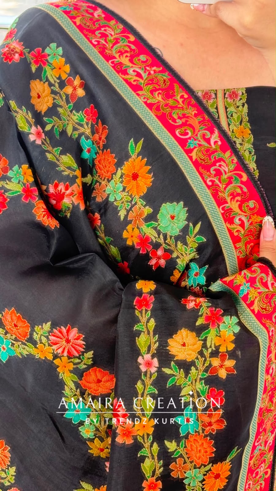 Premium Banarasi Silk Black Floral Embroidered Unstitched Suit