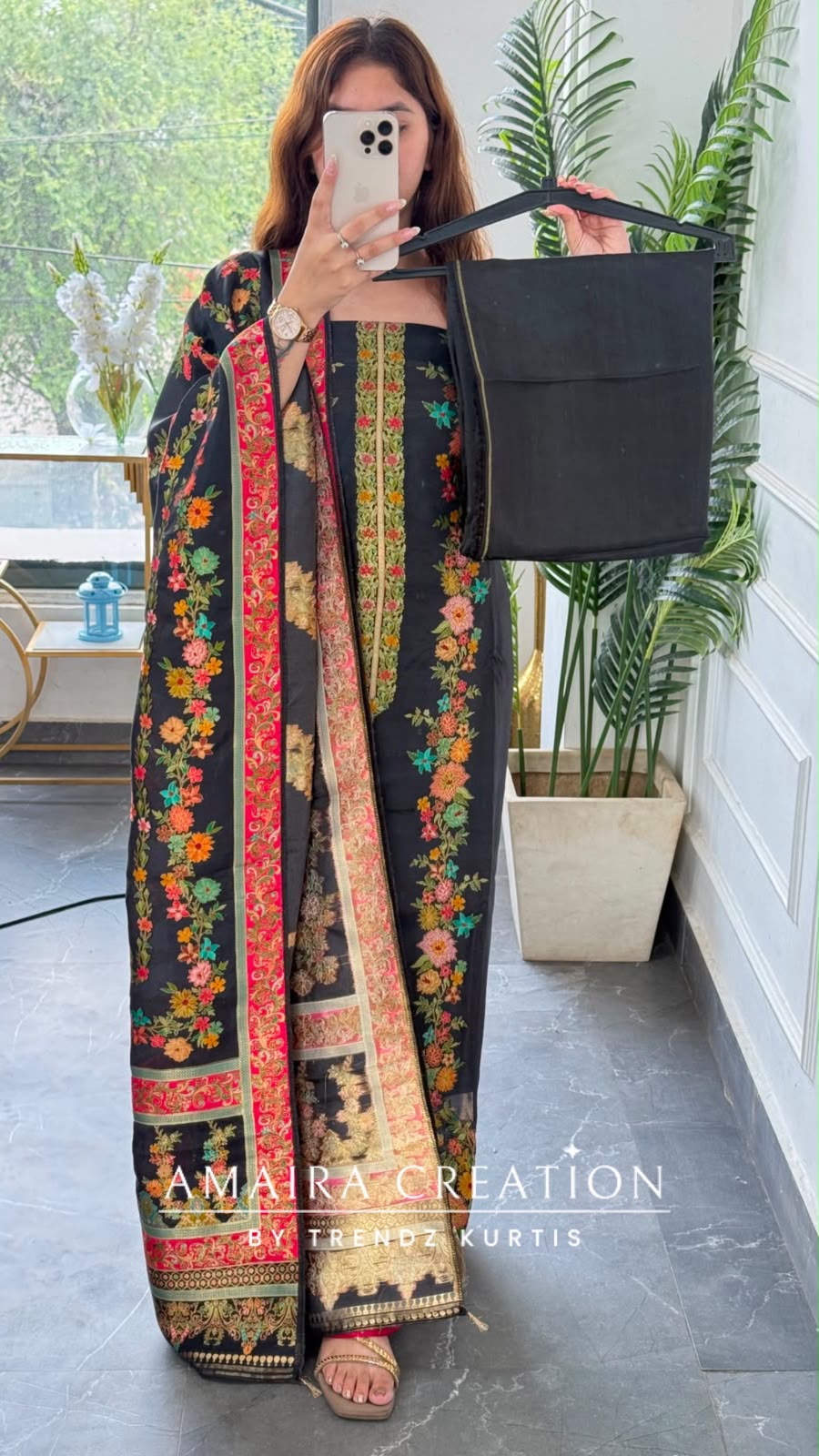 Premium Banarasi Silk Black Floral Embroidered Unstitched Suit