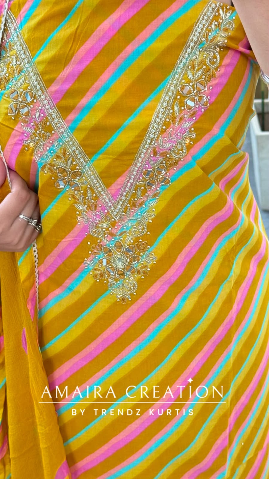 Premium Cotton Lehriya Pattern Mustard Colour Unstitch Suit With Chiffon Dupatta