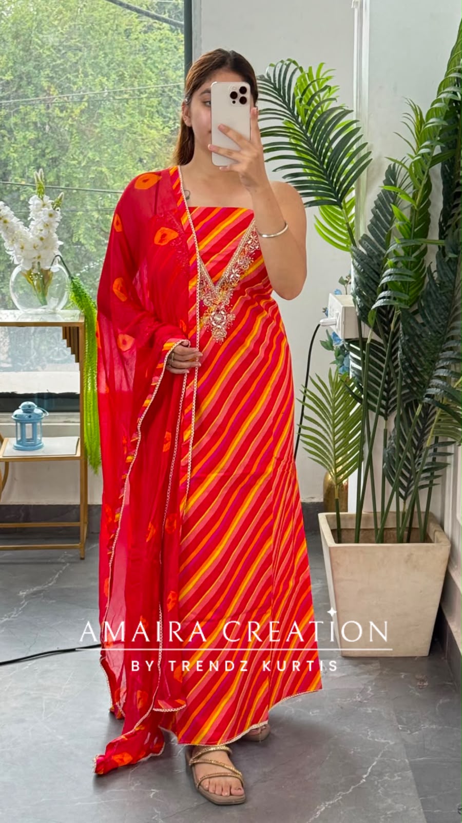 Premium Cotton Lehriya Pattern Red Colour Unstitch Suit With Chiffon Dupatta
