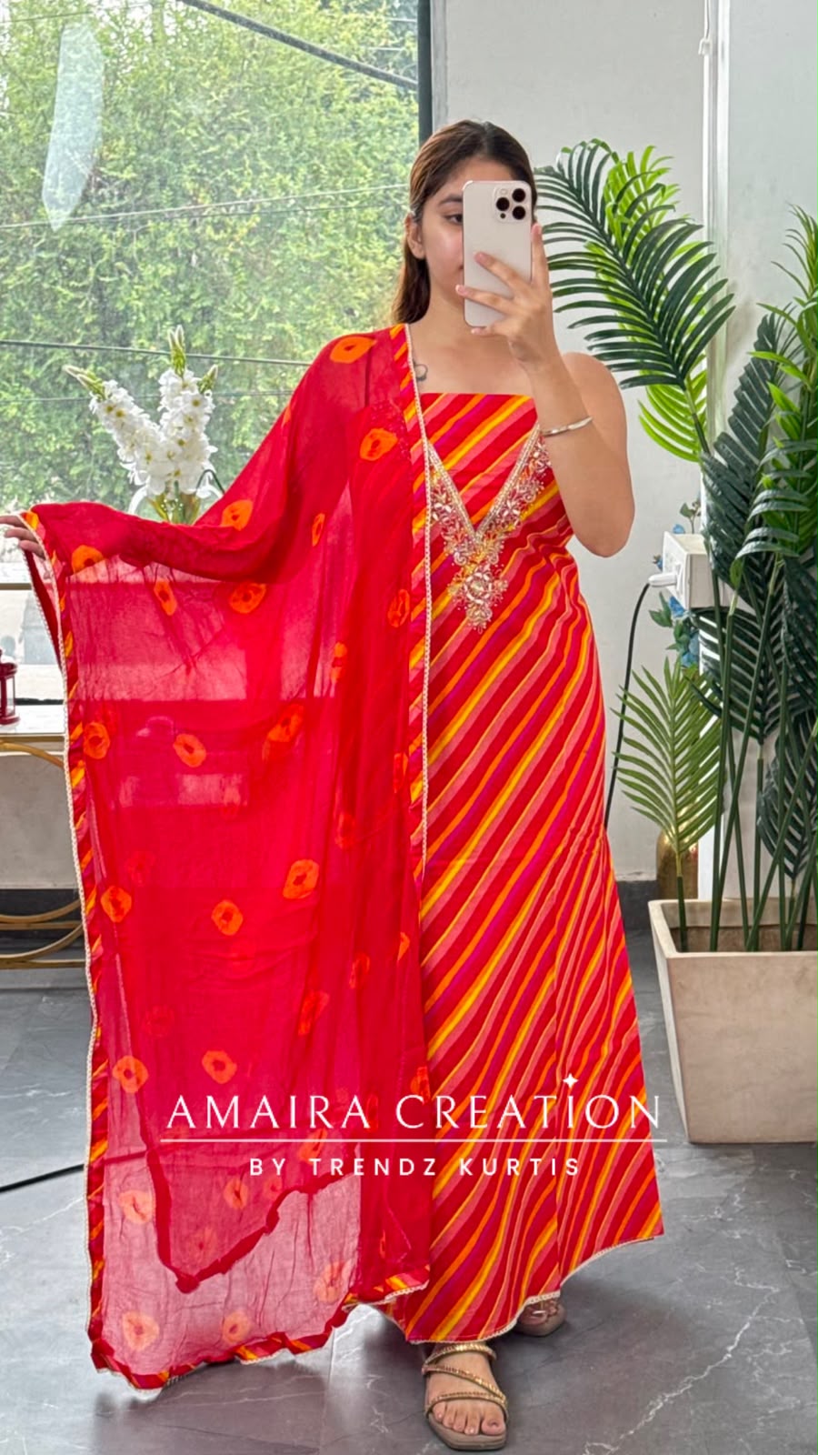 Premium Cotton Lehriya Pattern Red Colour Unstitch Suit With Chiffon Dupatta
