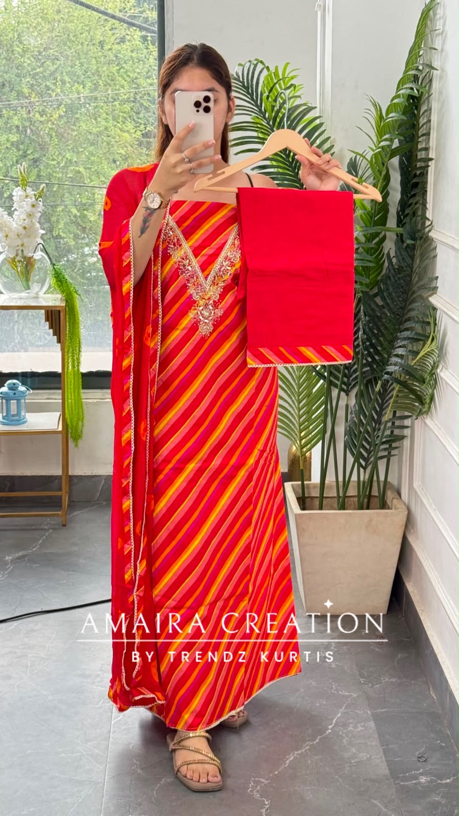 Premium Cotton Lehriya Pattern Red Colour Unstitch Suit With Chiffon Dupatta