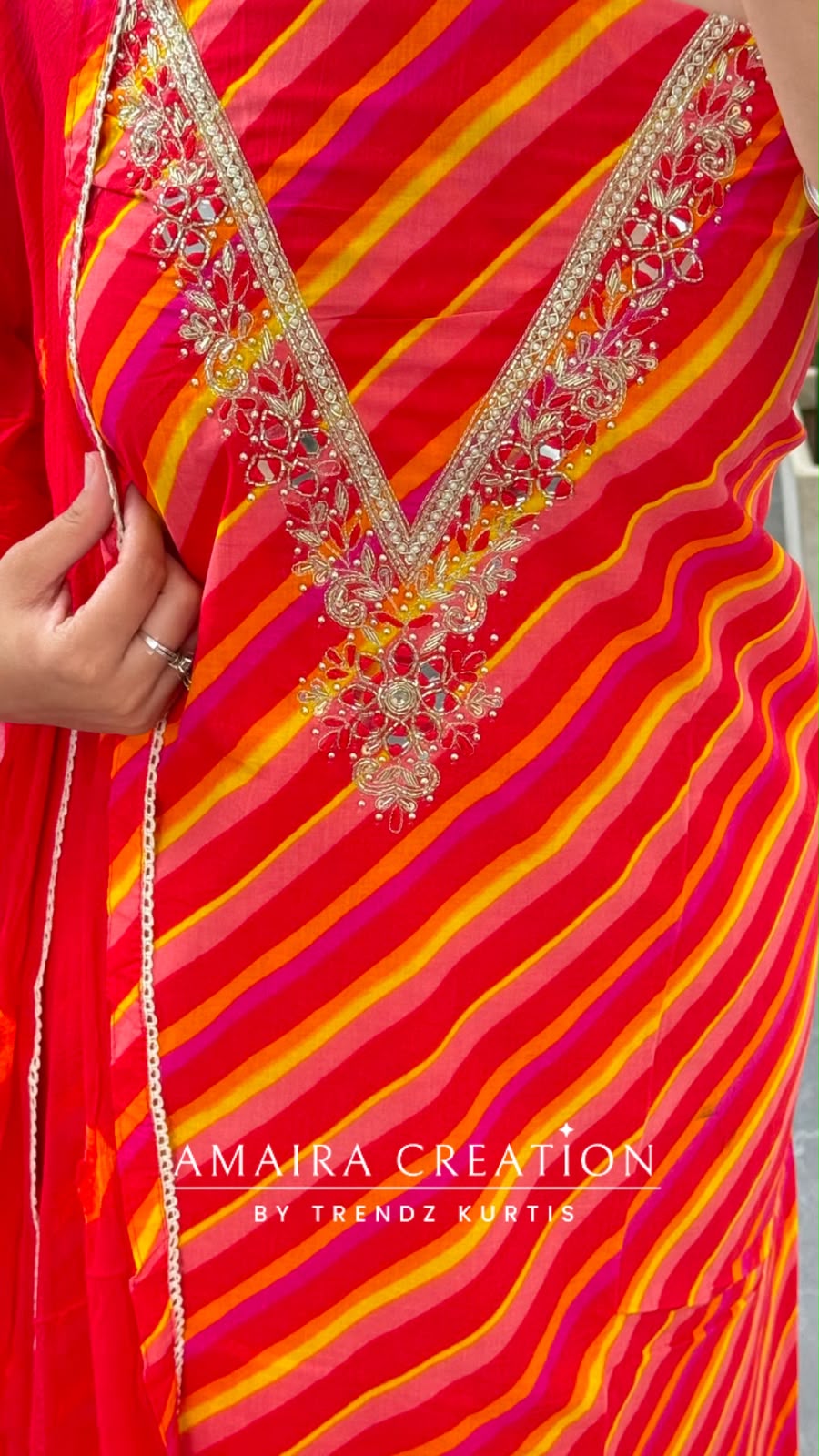 Premium Cotton Lehriya Pattern Red Colour Unstitch Suit With Chiffon Dupatta
