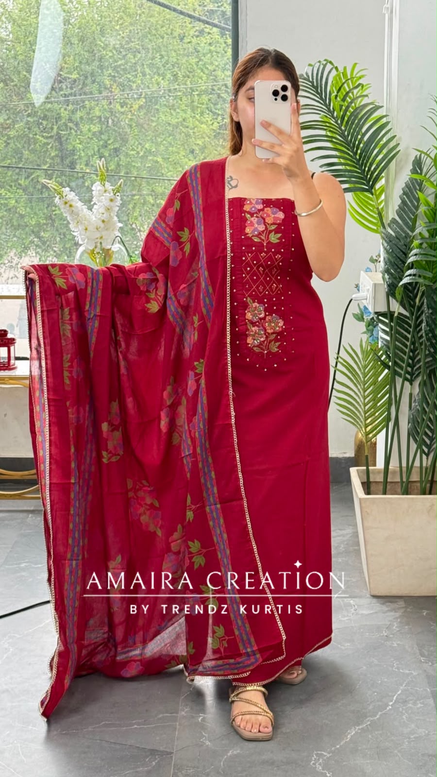 Premium Cotton Maroon Colour Unstitched Suit
