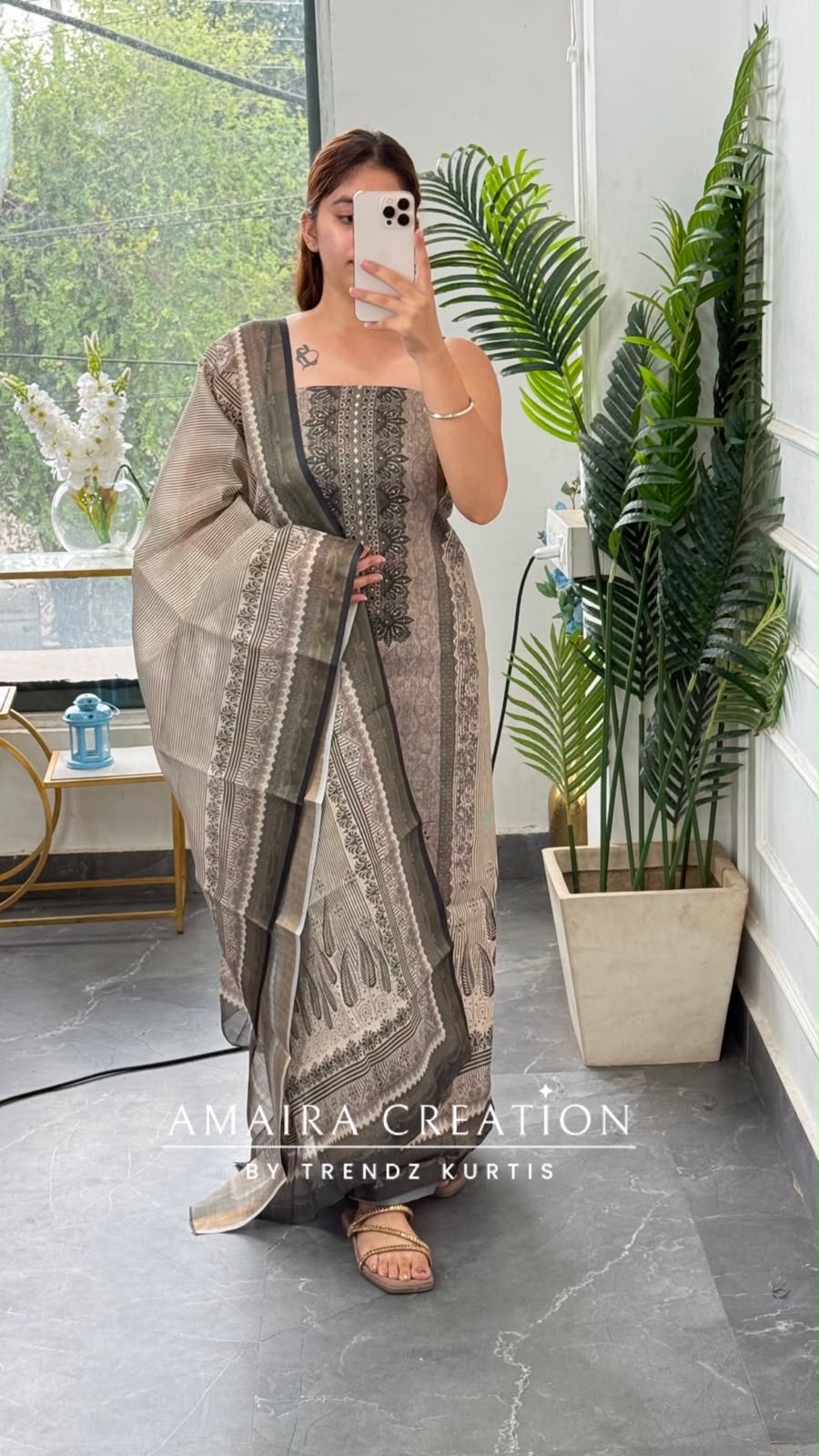 Premium Shimmer Silk Beige Colour Unstitched Suit (print 2)