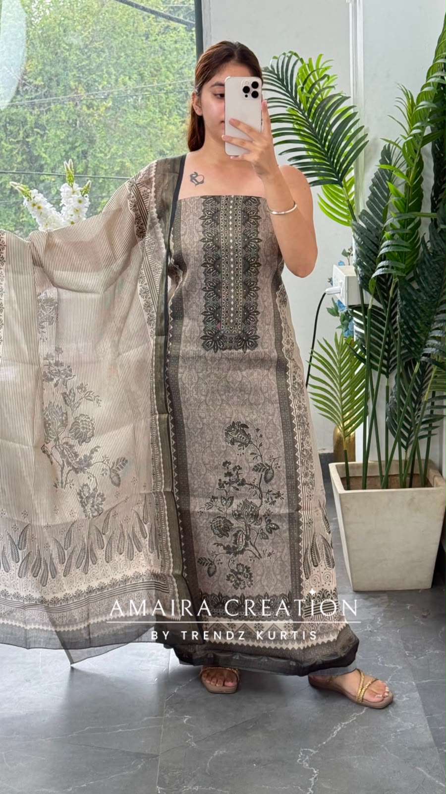 Premium Shimmer Silk Beige Colour Unstitched Suit (print 2)