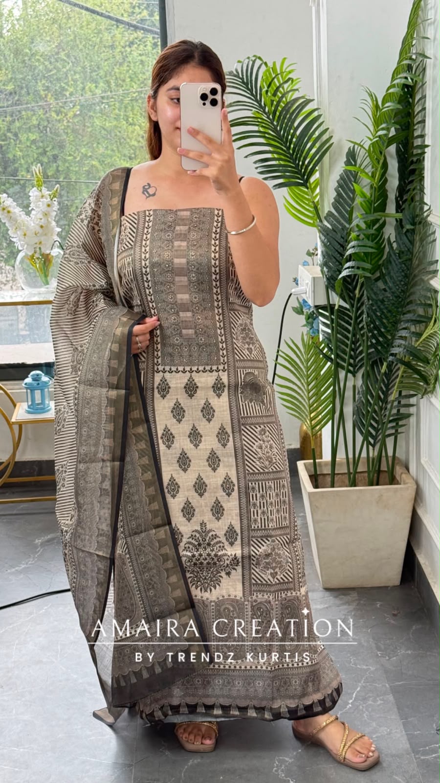 Premium Shimmer Silk Beige Colour Unstitched Suit (print 5)