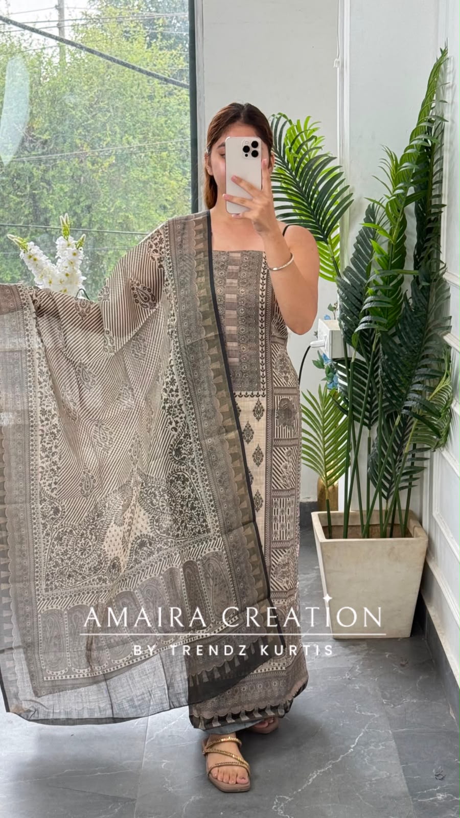 Premium Shimmer Silk Beige Colour Unstitched Suit (print 5)