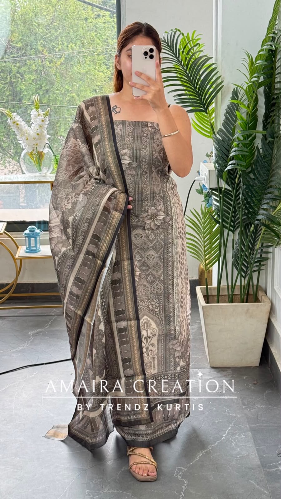 Premium Shimmer Silk  Beige Colour Unstitched Suit (print 4)