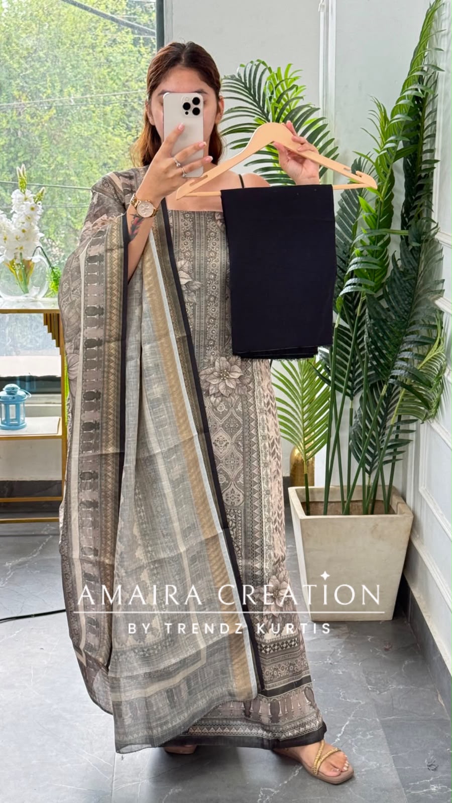 Premium Shimmer Silk  Beige Colour Unstitched Suit (print 4)