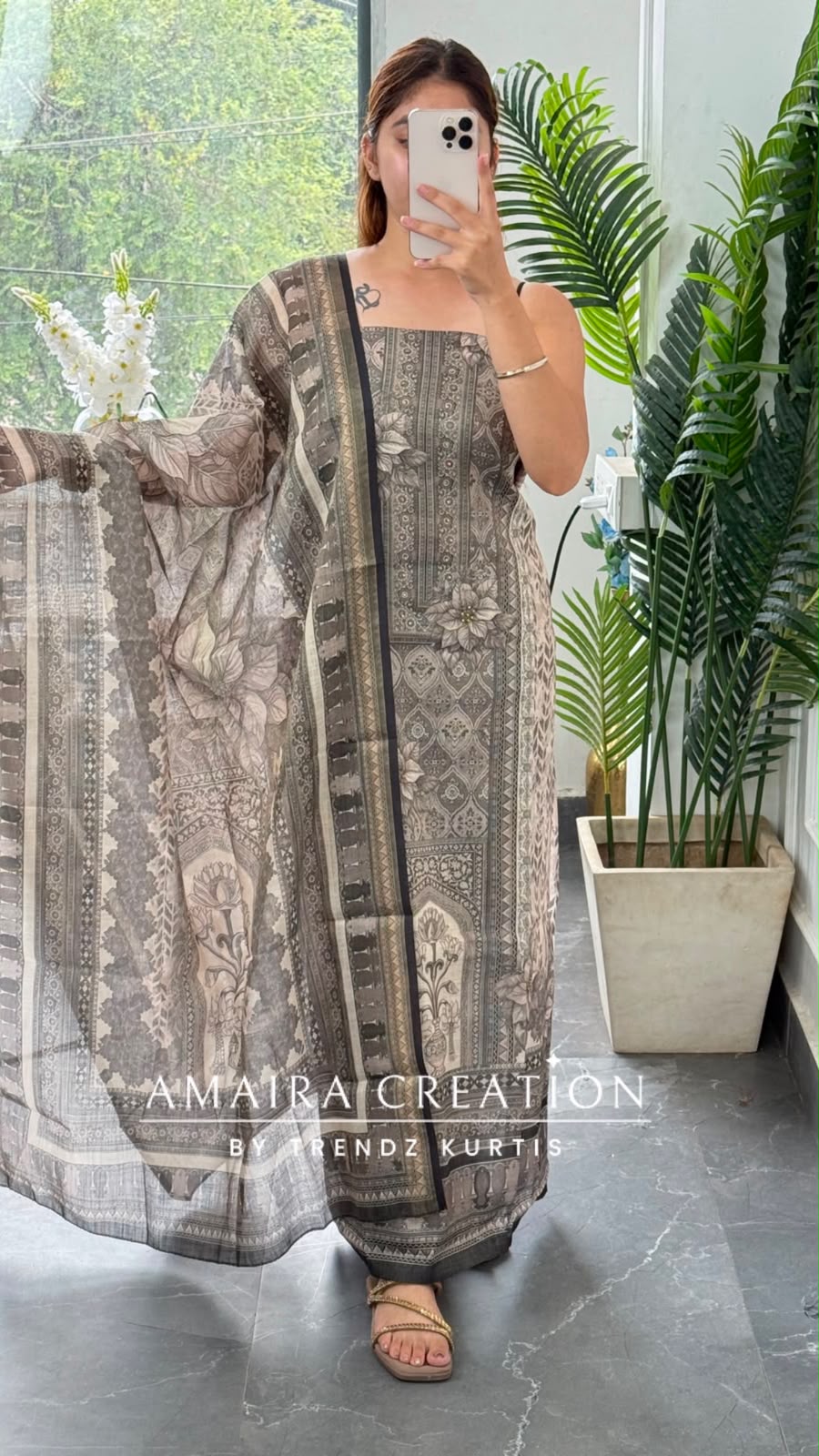 Premium Shimmer Silk  Beige Colour Unstitched Suit (print 4)