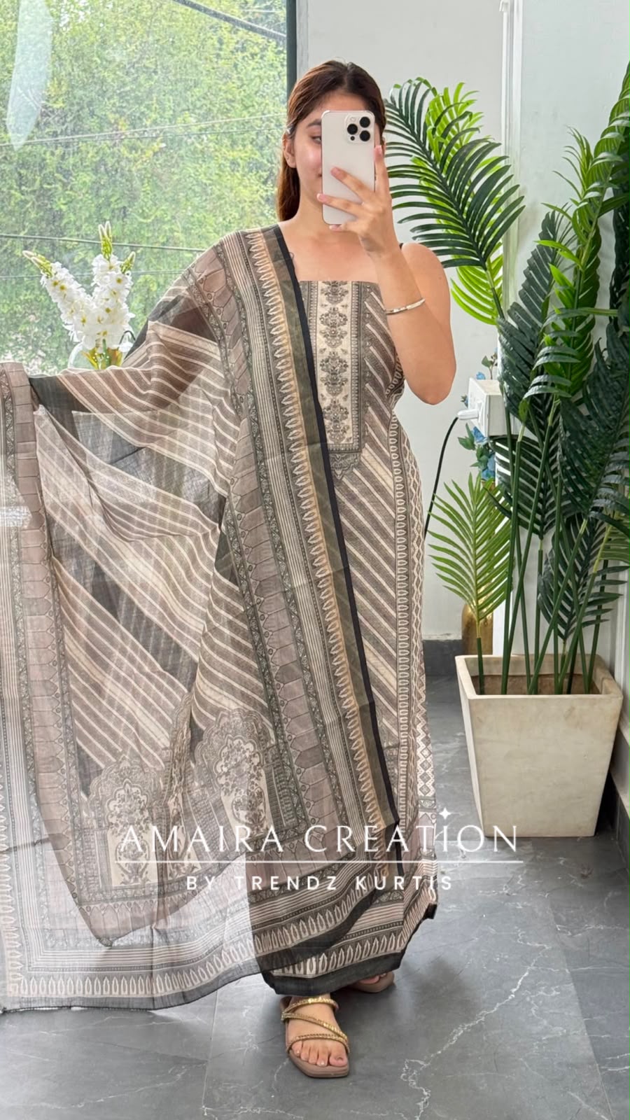 Premium Shimmer Silk  Beige Colour Unstitched Suit (print 1)