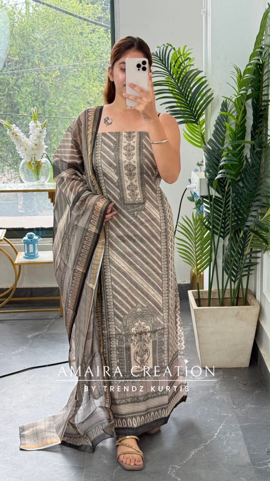 Premium Shimmer Silk  Beige Colour Unstitched Suit (print 1)
