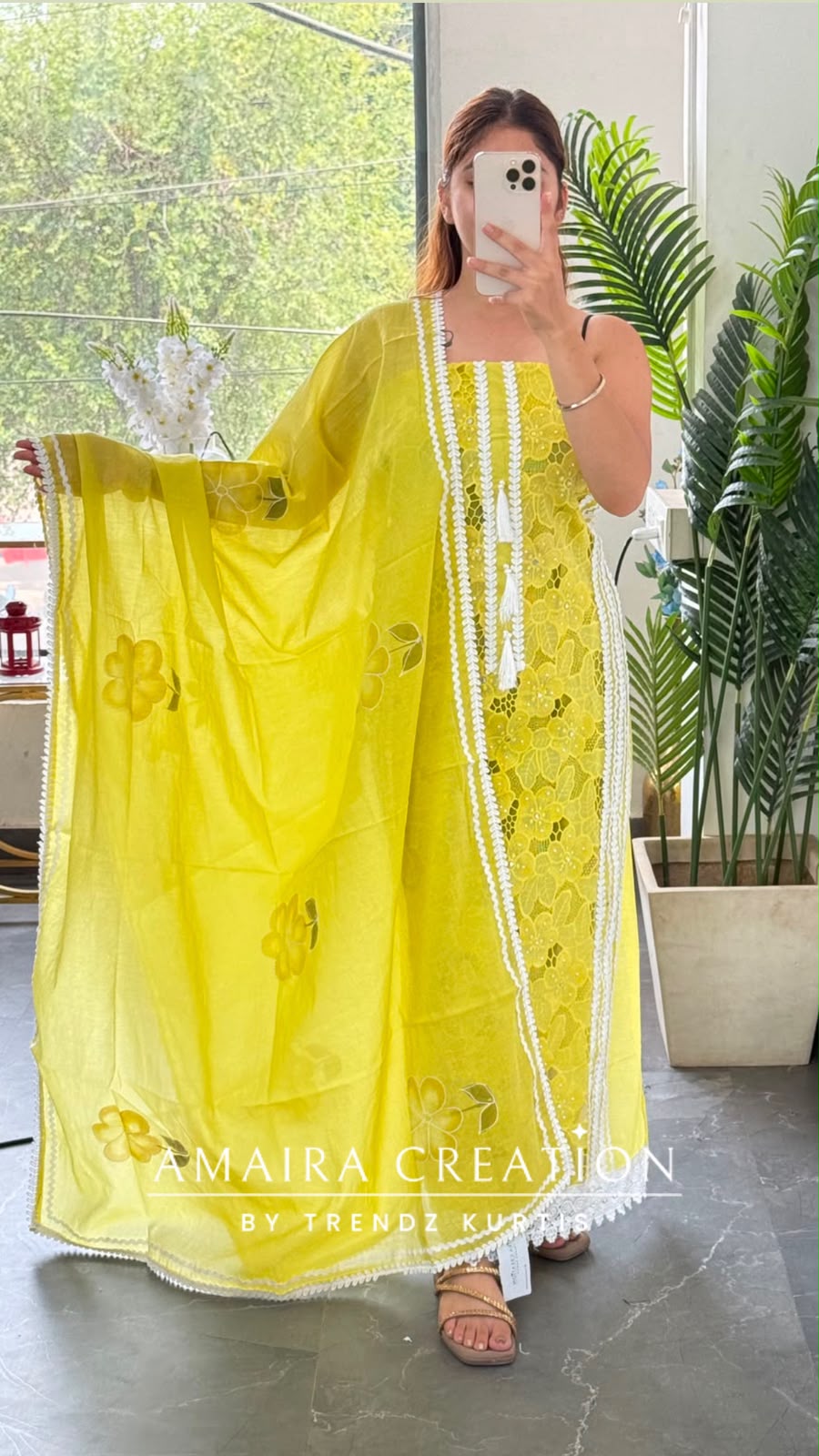 Premium Mul Chanderi Yellow Colour Jaal Work Unstitched Suit
