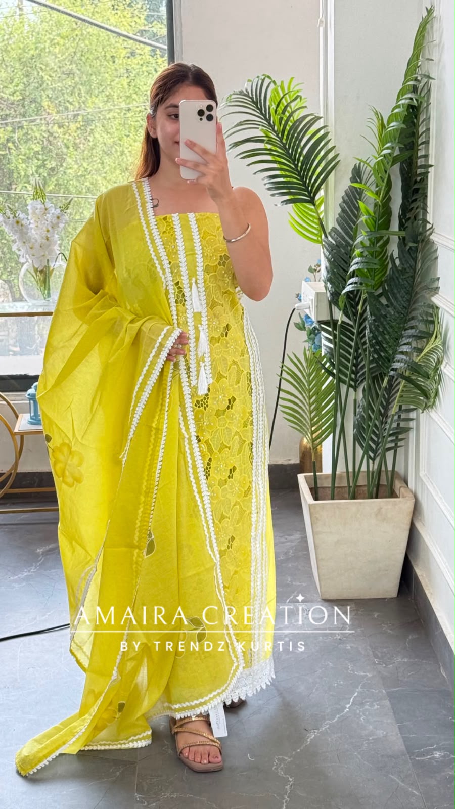 Premium Mul Chanderi Yellow Colour Jaal Work Unstitched Suit