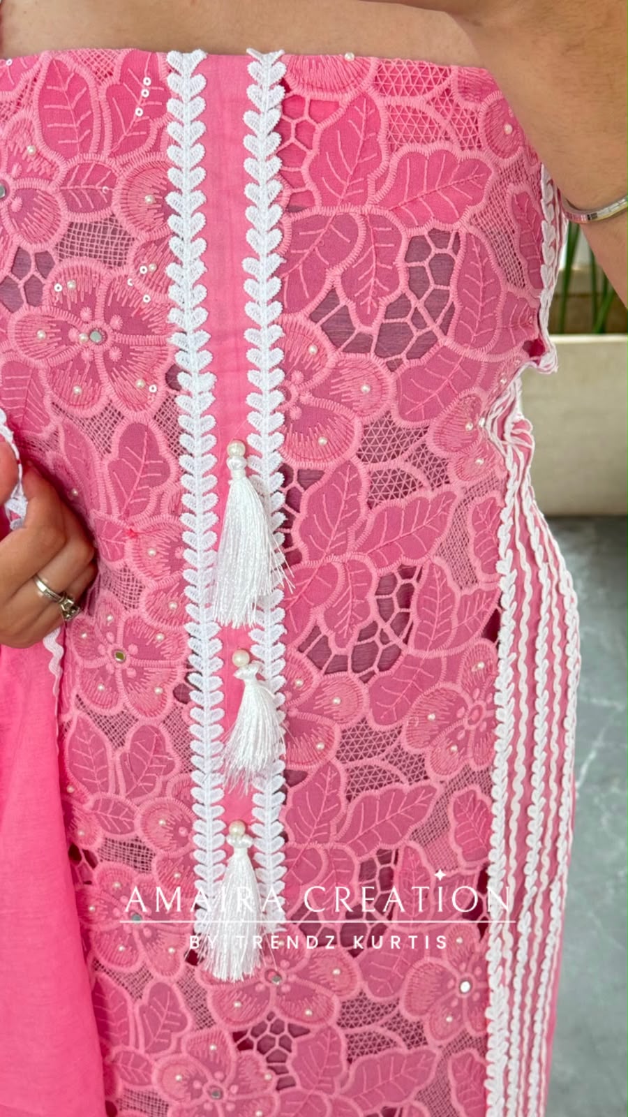 Premium Mul Chanderi Pink Colour Jaal Work Unstitched Suit