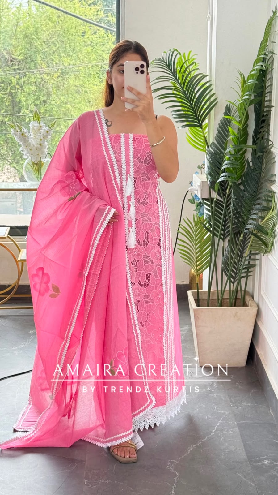 Premium Mul Chanderi Pink Colour Jaal Work Unstitched Suit