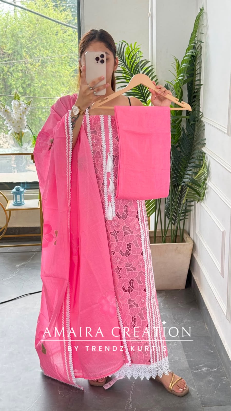 Premium Mul Chanderi Pink Colour Jaal Work Unstitched Suit