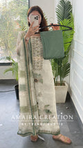 Premium Orgnaza Green Color Unstitched Suit With Printed Chiffon Dupatta